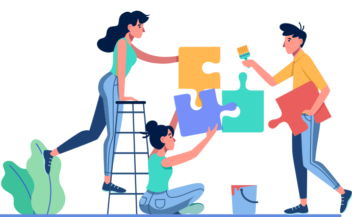 feature3 Three young people collaboratively assembling and painting oversized colorful puzzle pieces, symbolizing teamwork and creativity.