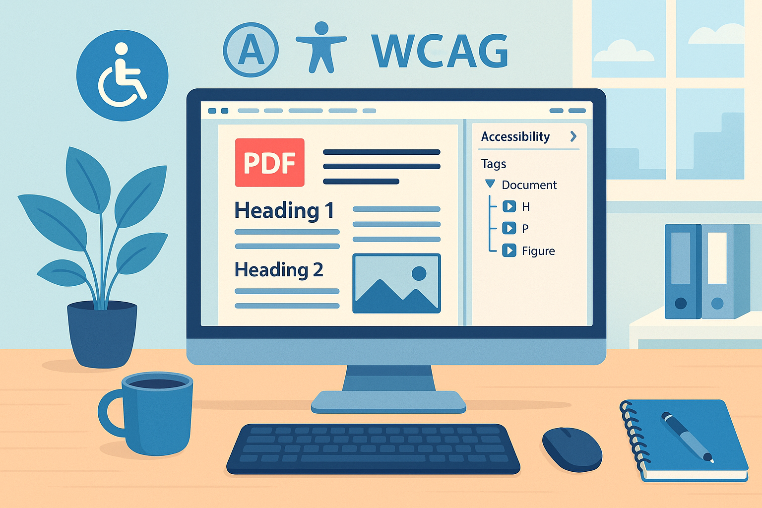 Modern office desk with a computer showing a PDF's accessibility tags and structure tree, with accessibility icons and WCAG text in the background.