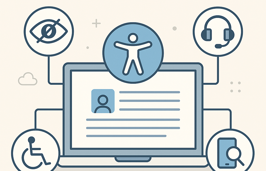 Illustration of a laptop with accessibility icons around it, representing visual, auditory, mobility, and screen reader support, labeled "Web Accessibility."