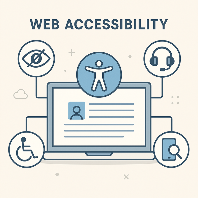Illustration of a laptop with accessibility icons around it, representing visual, auditory, mobility, and screen reader support, labeled "Web Accessibility."