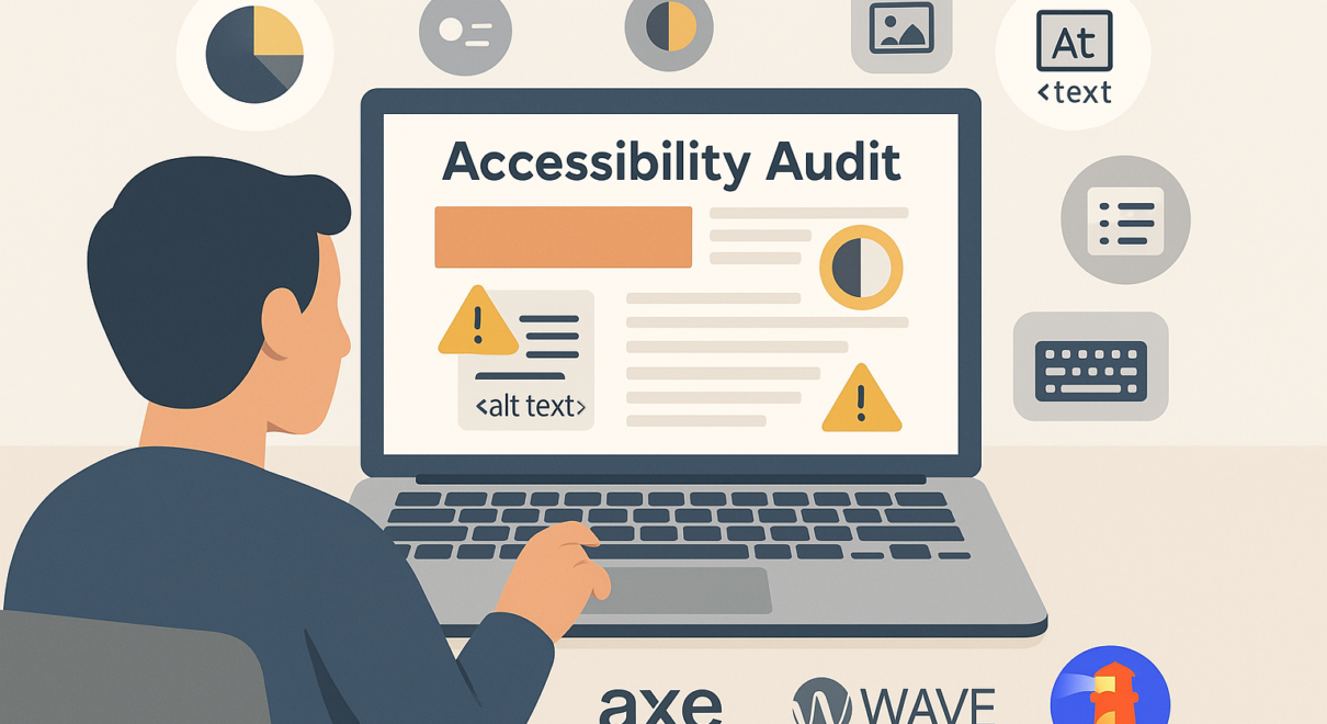 Illustration of a person auditing a website on a laptop, with icons for alt text, color contrast, keyboard navigation, and tools like axe, WAVE, and Lighthouse.