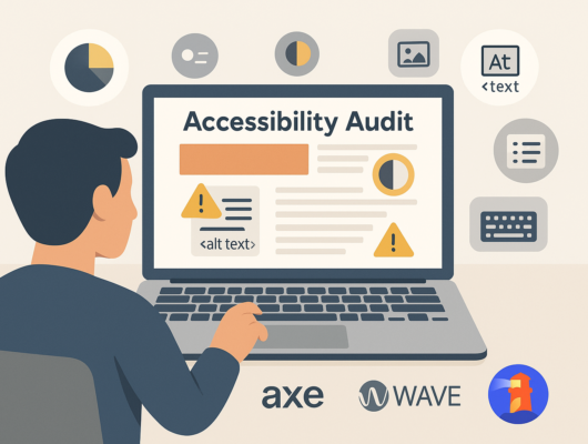 Illustration of a person auditing a website on a laptop, with icons for alt text, color contrast, keyboard navigation, and tools like axe, WAVE, and Lighthouse.
