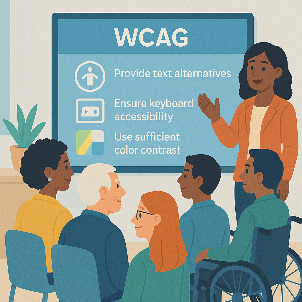 Diverse group of professionals attending a training session on WCAG accessibility guidelines in a bright, welcoming room.