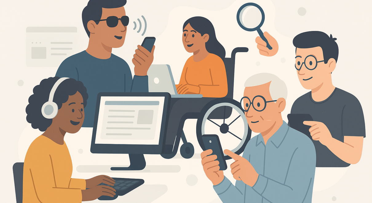 Illustration of diverse users accessing technology with assistive tools, including a screen reader, voice commands, magnifier, and wheelchair.