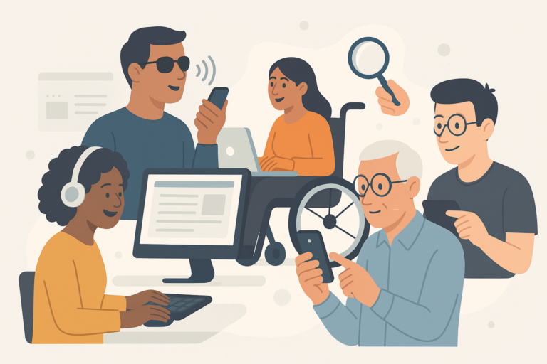 Illustration of diverse users accessing technology with assistive tools, including a screen reader, voice commands, magnifier, and wheelchair.