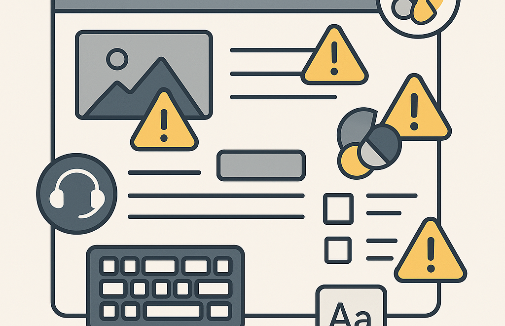 Illustration of a webpage with warning icons highlighting accessibility issues like missing alt text, poor color contrast, and keyboard navigation problems.