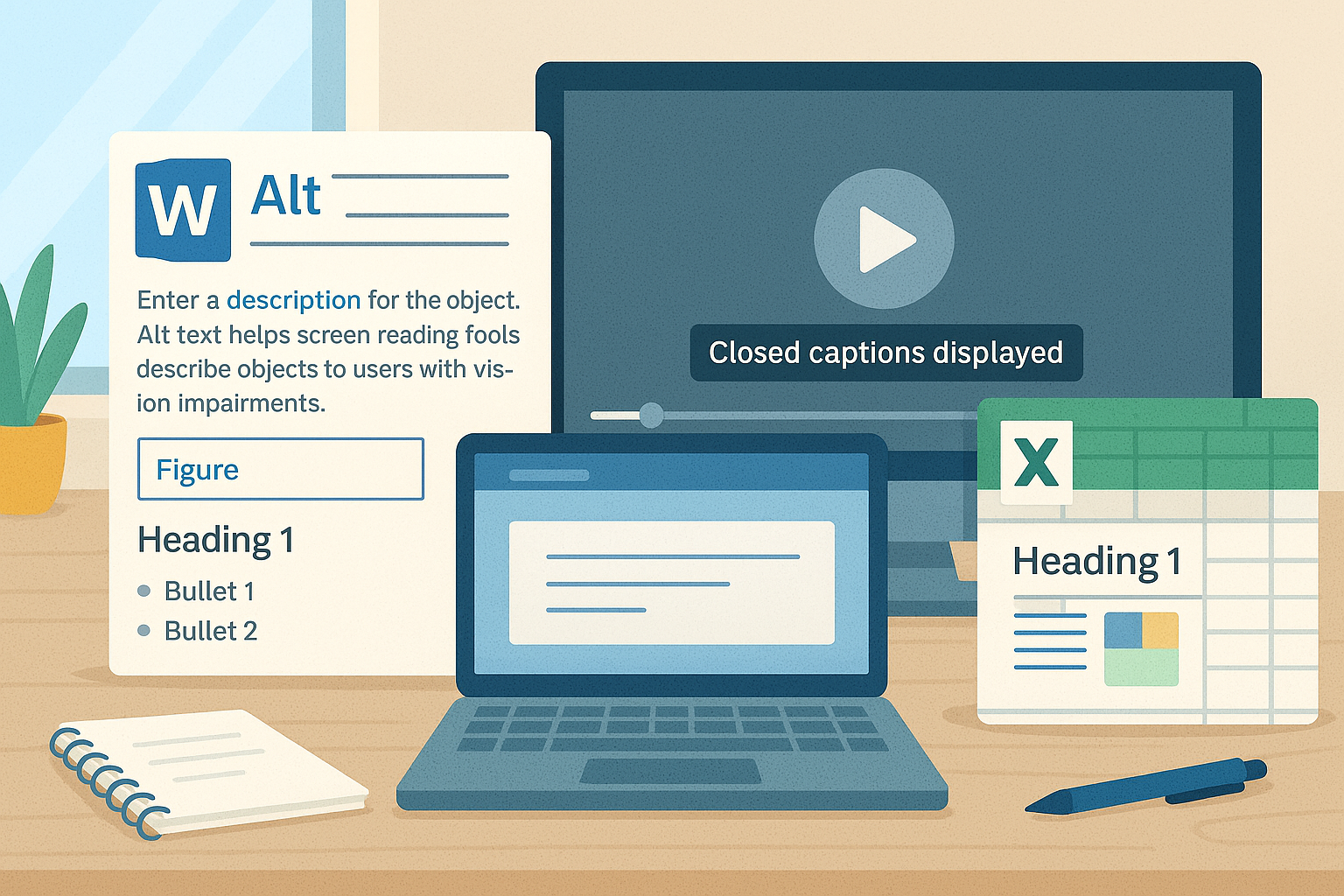 Desk with Word, PowerPoint, Excel documents showing accessibility features and a video player displaying closed captions.