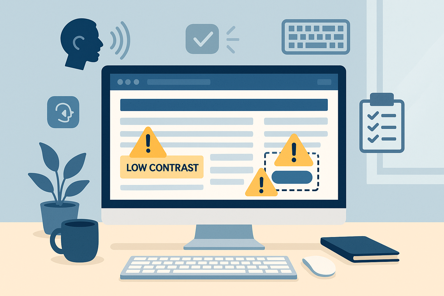 Computer showing web accessibility warnings, with accessibility icons in a clean office setting.