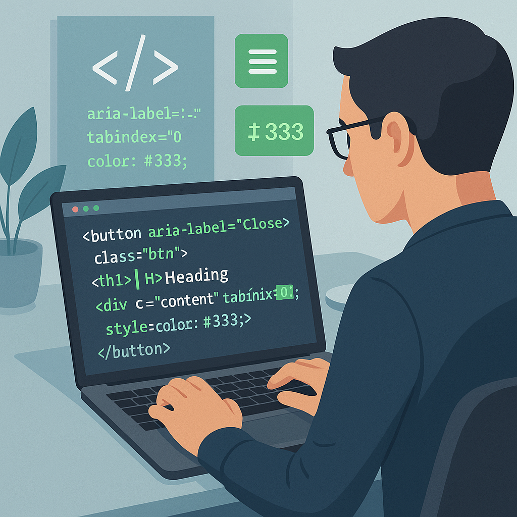 Web developer coding on a laptop, highlighting accessibility improvements like ARIA labels and focus adjustments in green.